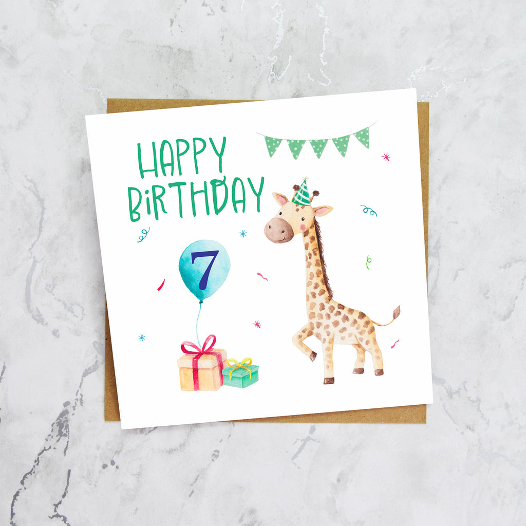 7th Birthday Giraffe Card for Boys, Cute Animal Seventh Birthday Card, Watercolour Kids Happy Birthday Card (S00062) - Blank Inside - Sent To You (S00062)