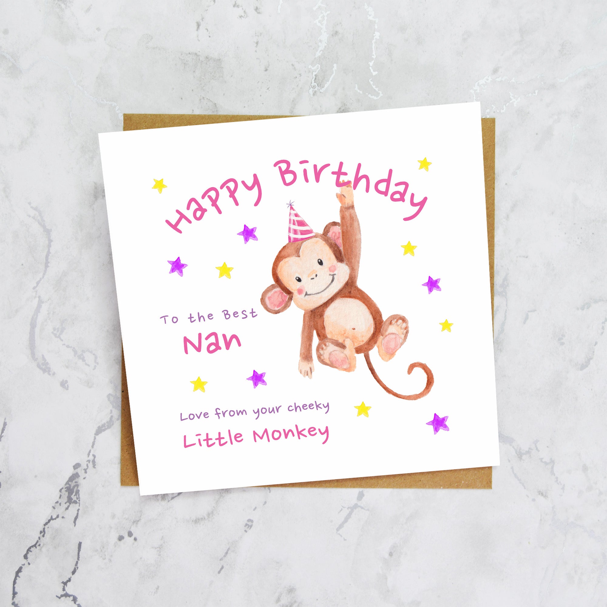 Personalised Monkey Happy Birthday Card For The Best Nan, Kids Birthday Greeting Card For Her (S00071) - Blank Inside - Sent To You (S00071)