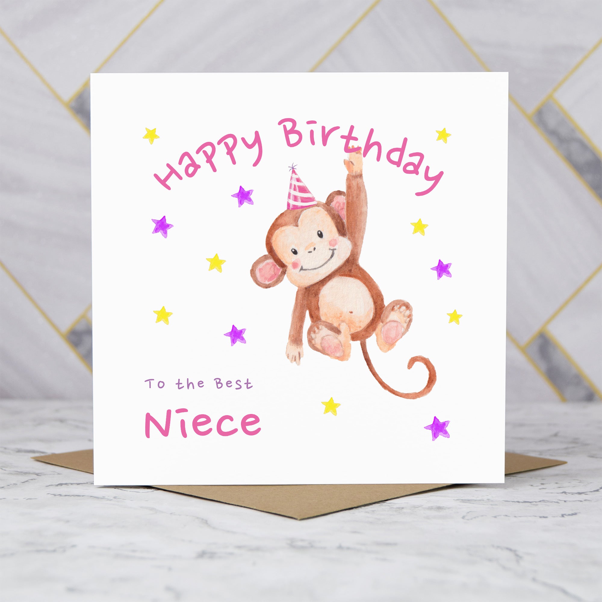 Personalised Monkey Happy Birthday Card For The Best Niece, Kids Birthday Greeting Card For Her (S00072) - Blank Inside - Sent To You (S00072)