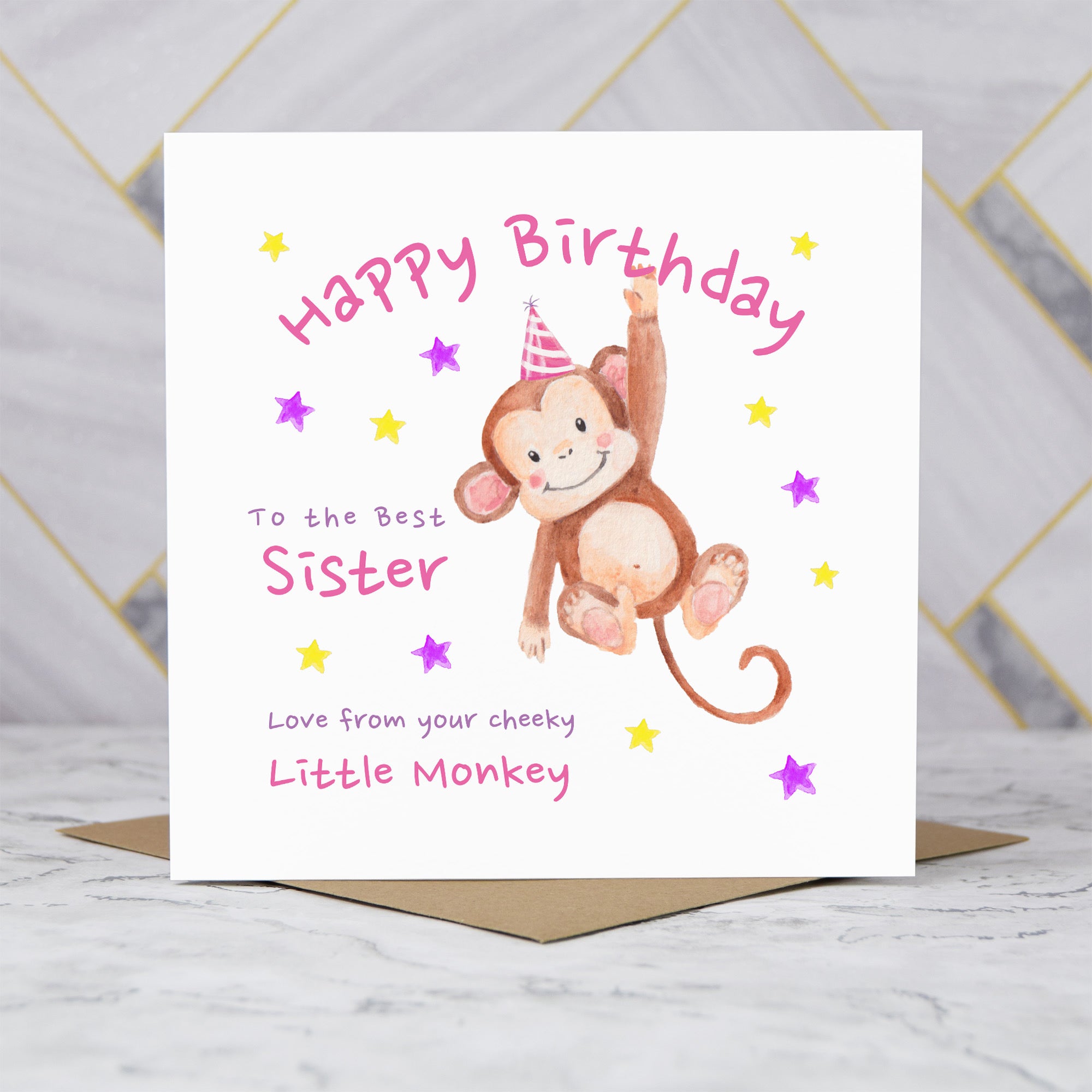 Personalised Monkey Happy Birthday Card For The Best Sister, Kids Birthday Greeting Card For Her (S00073) - Blank Inside - Sent To You (S00073)