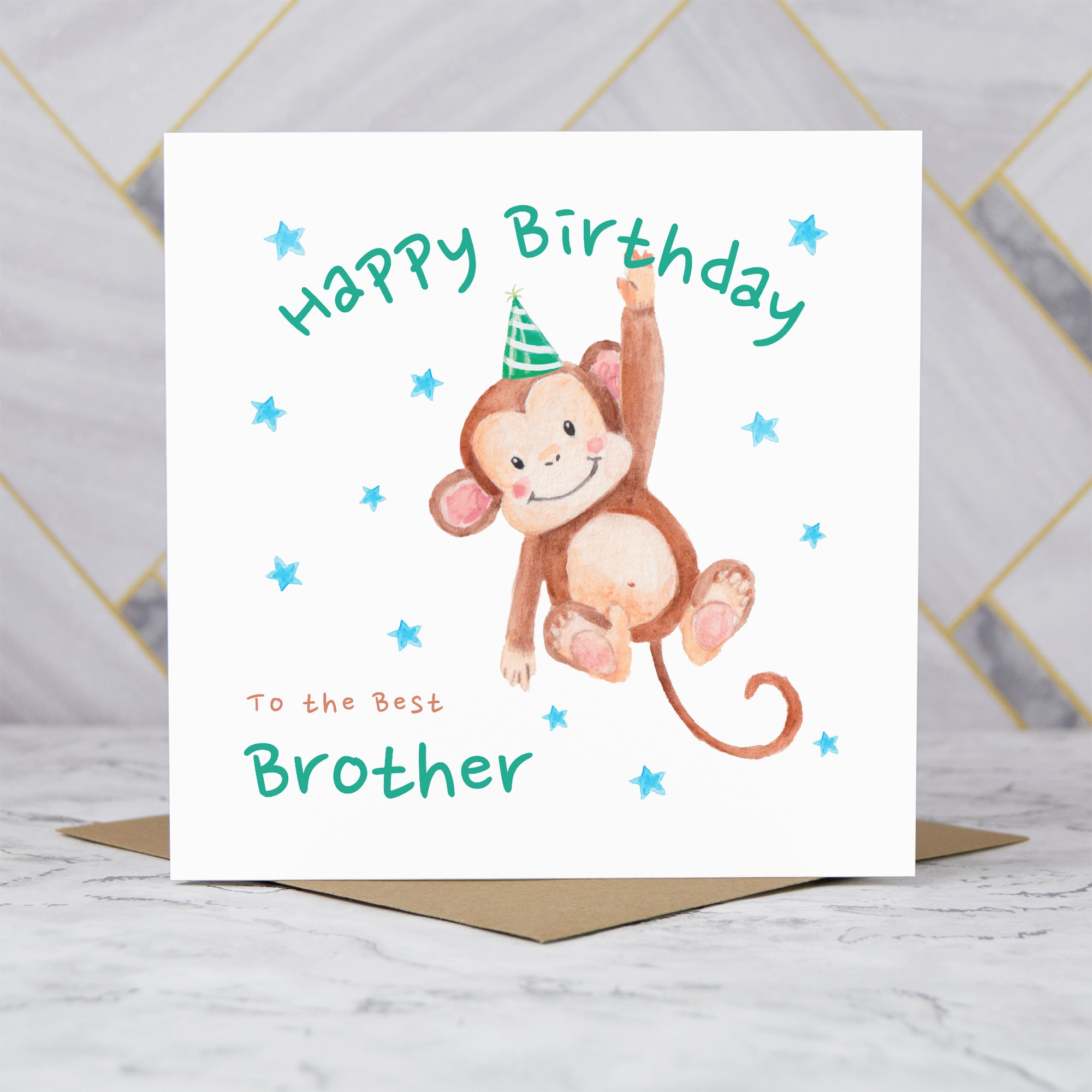 Personalised Monkey Happy Birthday Card For The Best Brother, Kids Birthday Greeting Card For Him (S00075) - Blank Inside - Sent To You (S00075)