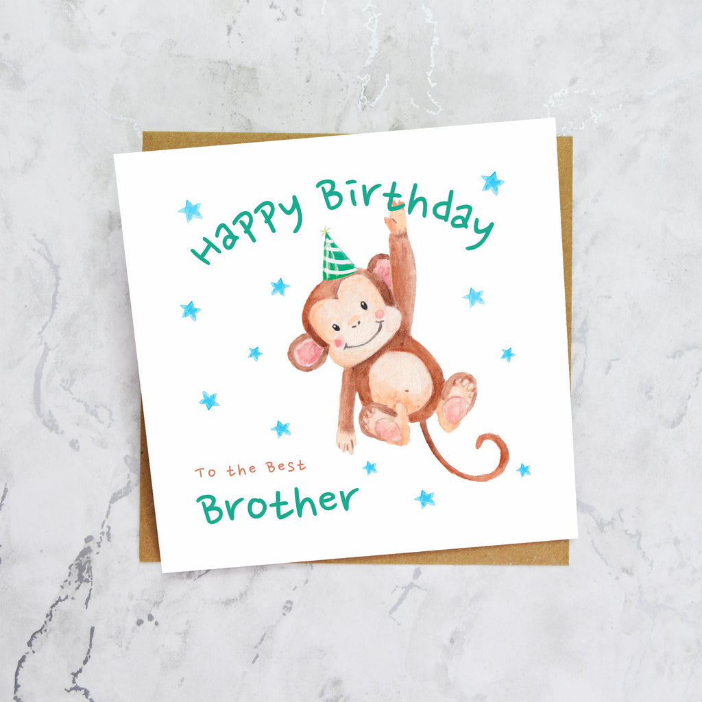 Personalised Monkey Happy Birthday Card For The Best Brother, Kids Birthday Greeting Card For Him (S00075) - Blank Inside - Sent To You (S00075)
