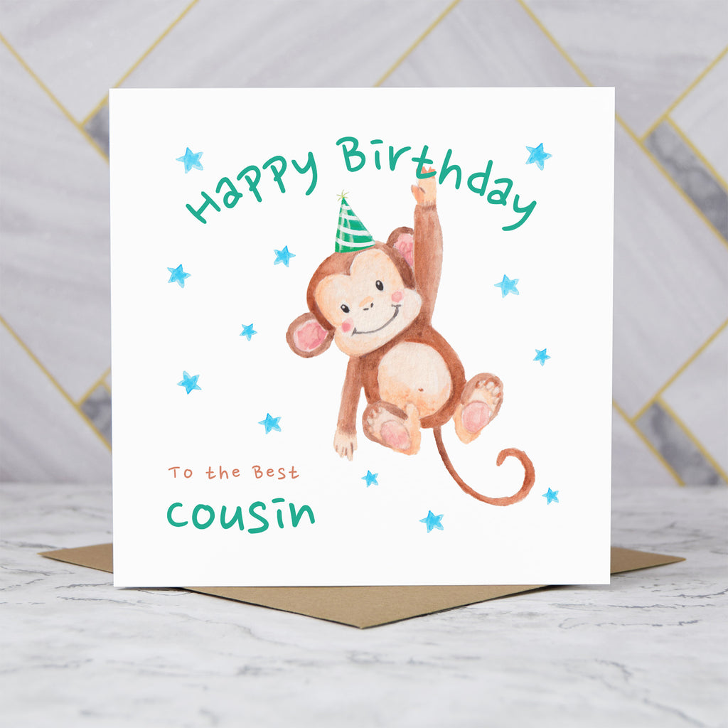 Personalised Monkey Happy Birthday Card For Cousin, Kids Birthday Greeting Card For Him (S00077) - Blank Inside - Sent To You (S00077)
