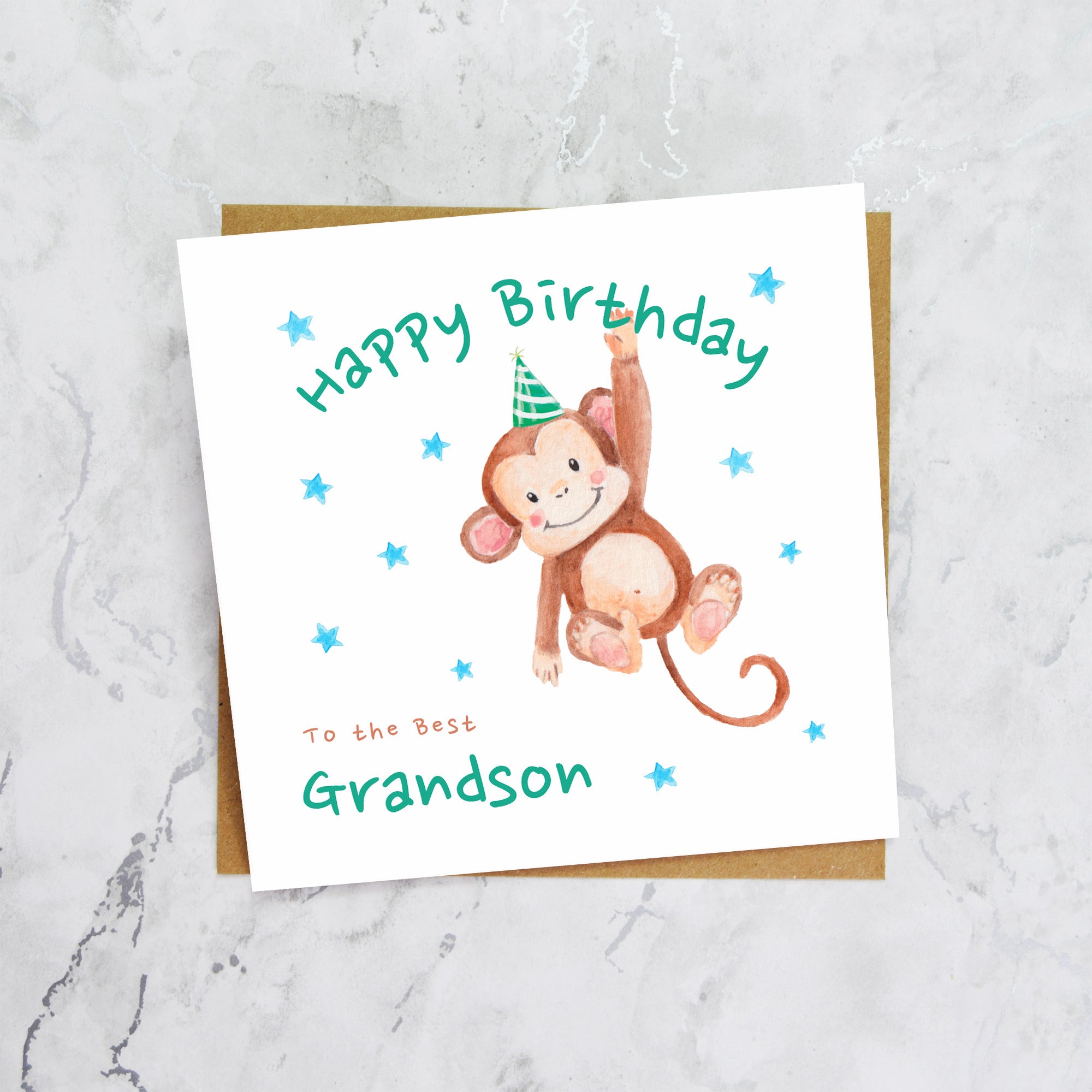 Personalised Monkey Happy Birthday Card For Grandson, Kids Birthday Greeting Card For Him (S00082) - Blank Inside - Sent To You (S00082)
