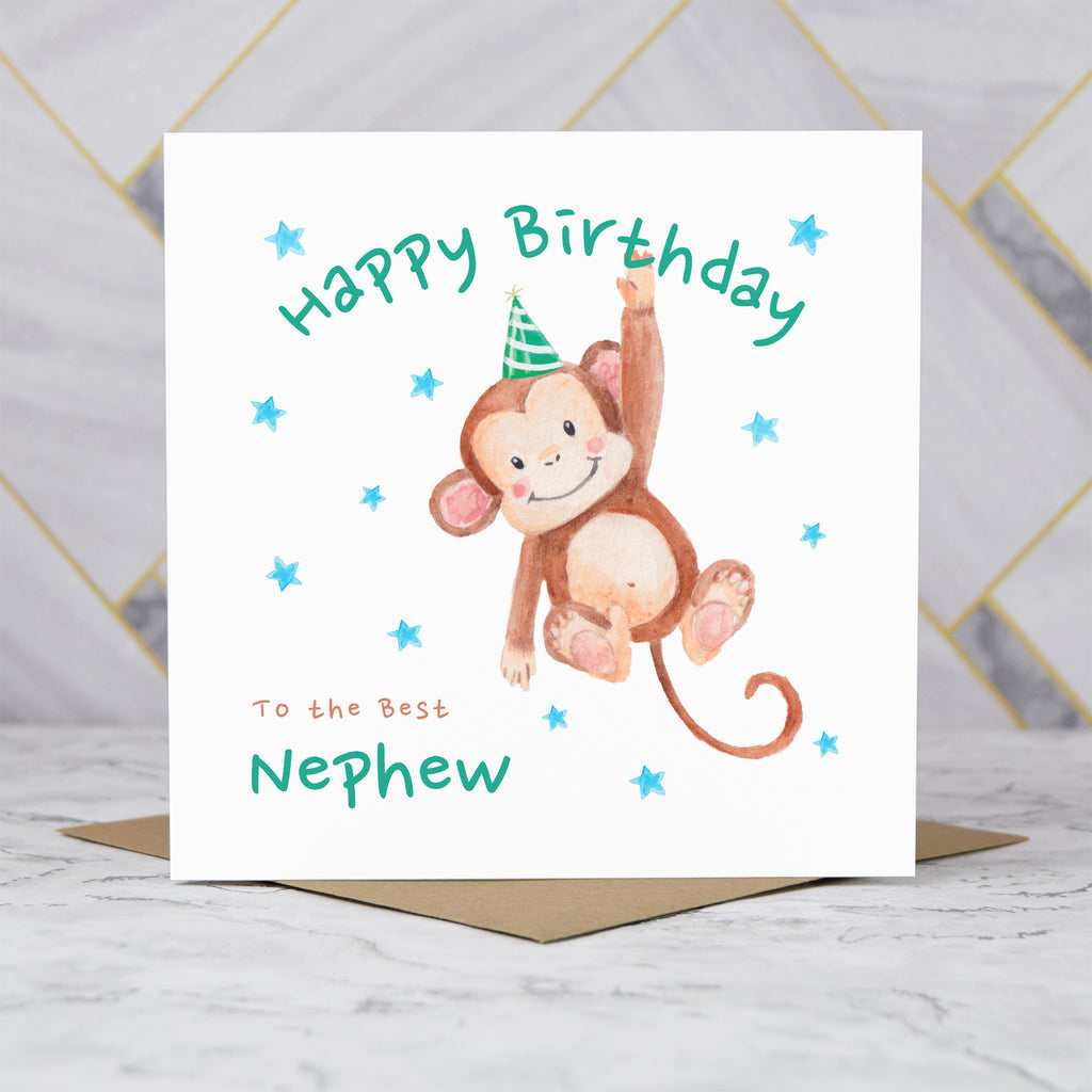 Personalised Monkey Happy Birthday Card For Nephew, Kids Birthday Greeting Card For Him (S00083) - Blank Inside - Sent To You (S00083)