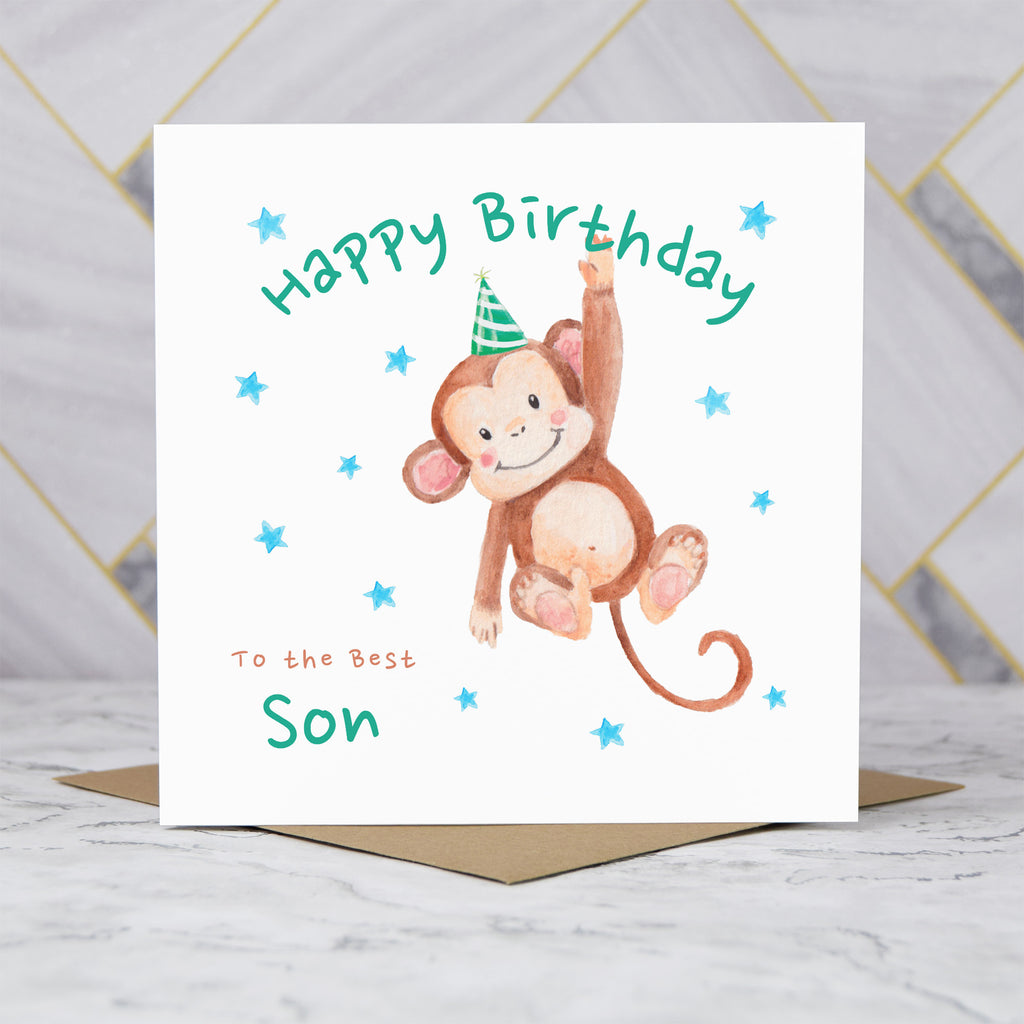 Personalised Monkey Happy Birthday Card For Son, Kids Birthday Greeting Card For Him (S00084) - Blank Inside - Sent To You (S00084)