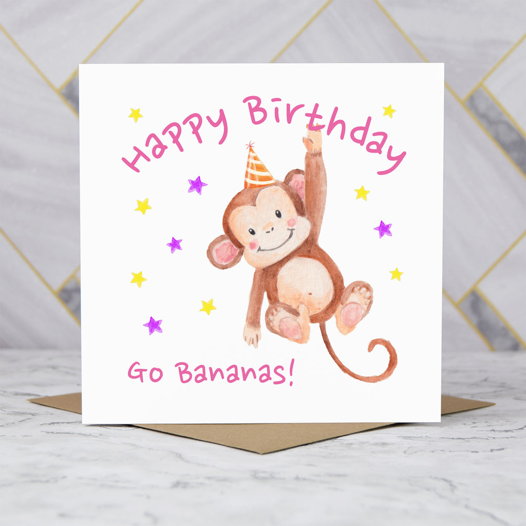 Personalised Monkey Happy Birthday Card, Kids Birthday Greeting Card For Her (S00086) - Blank Inside - Sent To You (S00086)