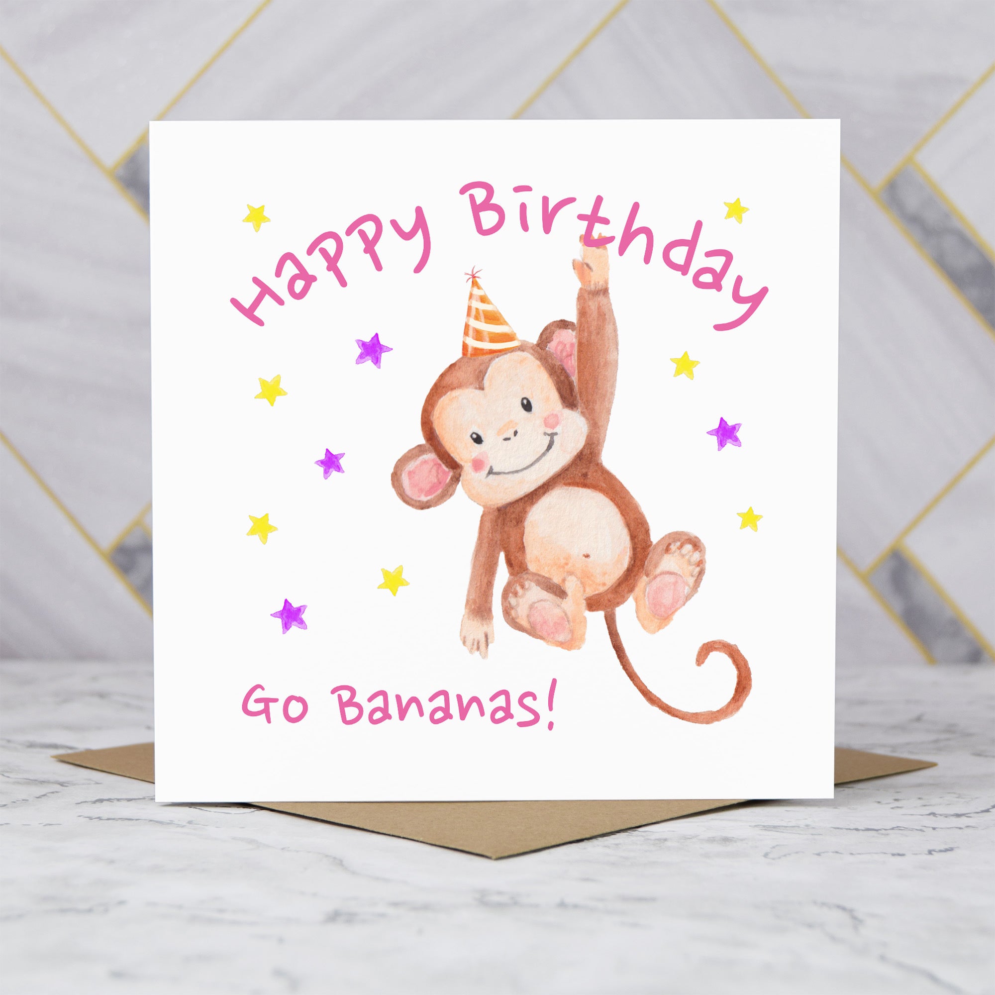 Personalised Monkey Happy Birthday Card, Kids Birthday Greeting Card For Her (S00086) - Blank Inside - Sent To You (S00086)