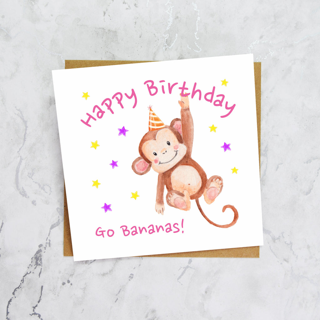 Personalised Monkey Happy Birthday Card, Kids Birthday Greeting Card For Her (S00086) - Blank Inside - Sent To You (S00086)