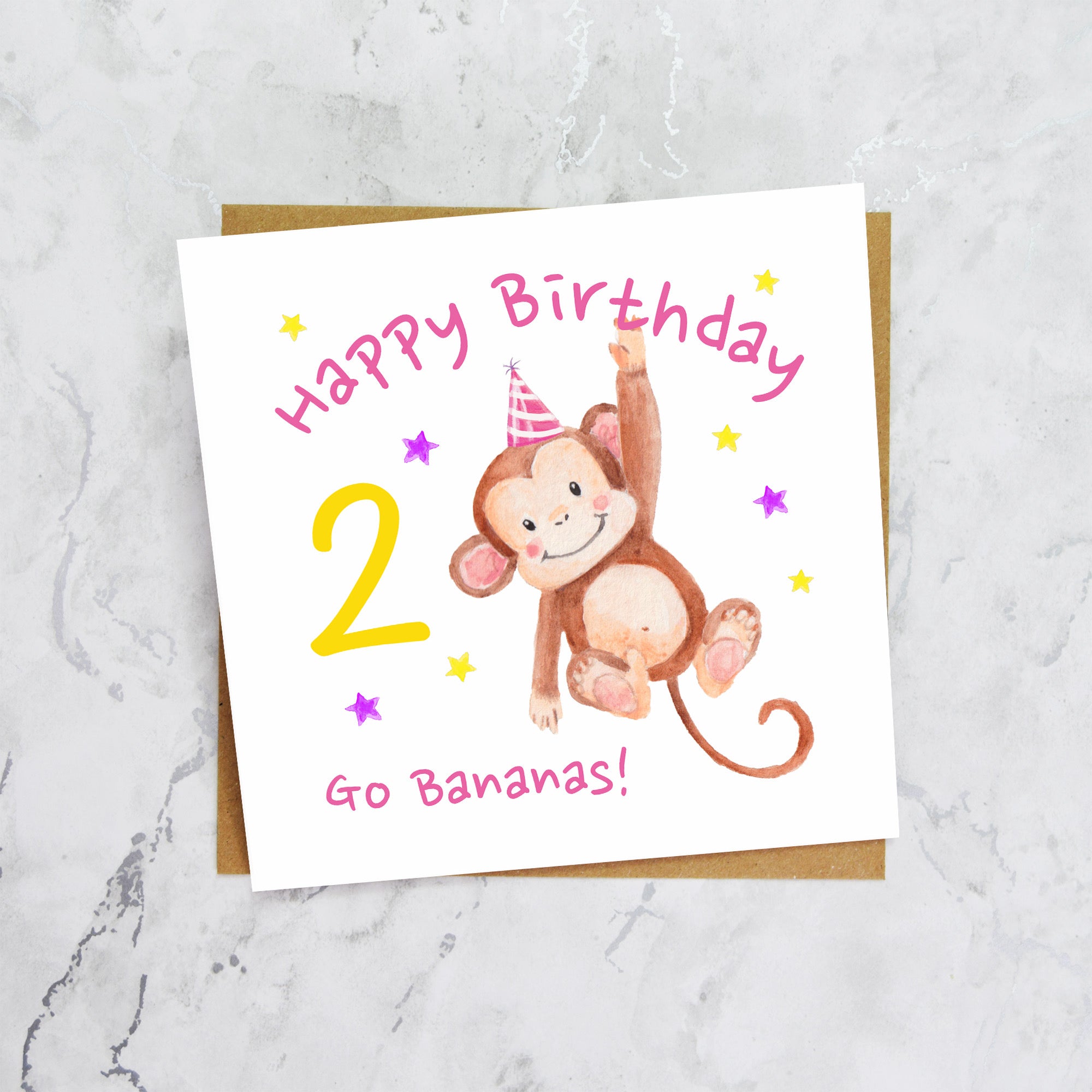 Personalised Monkey 2nd Birthday Card For Girl, Children's Kids Age Birthday Card (S00089) - Blank Inside - Sent To You (S00089)
