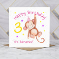 Personalised Monkey 3rd Birthday Card For Girl, Children's Kids Age Birthday Card (S00090) - Blank Inside - Sent To You (S00090)