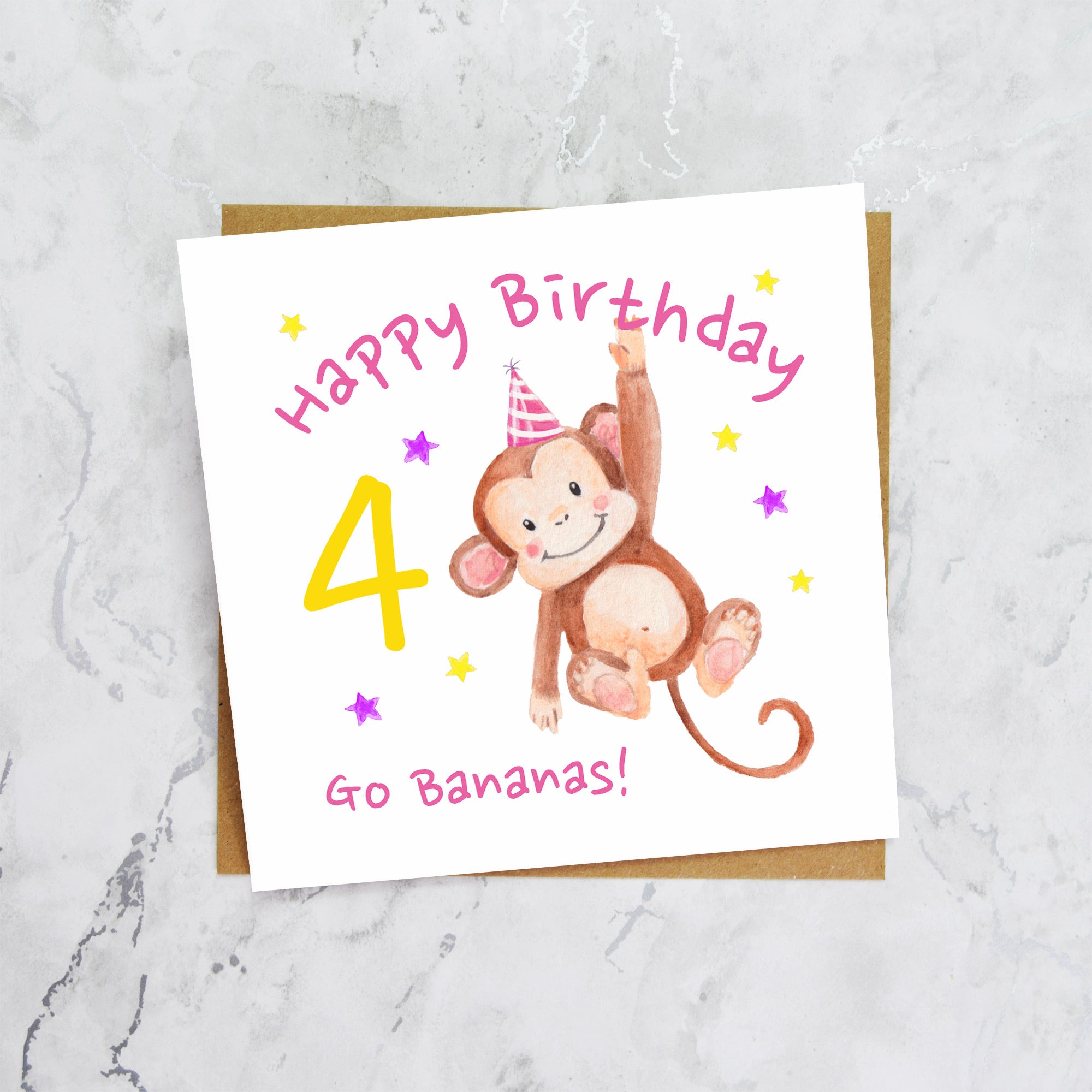 Personalised Monkey 4th Birthday Card For Girl, Children's Kids Age Birthday Card (S00091) - Blank Inside - Sent To You (S00091)