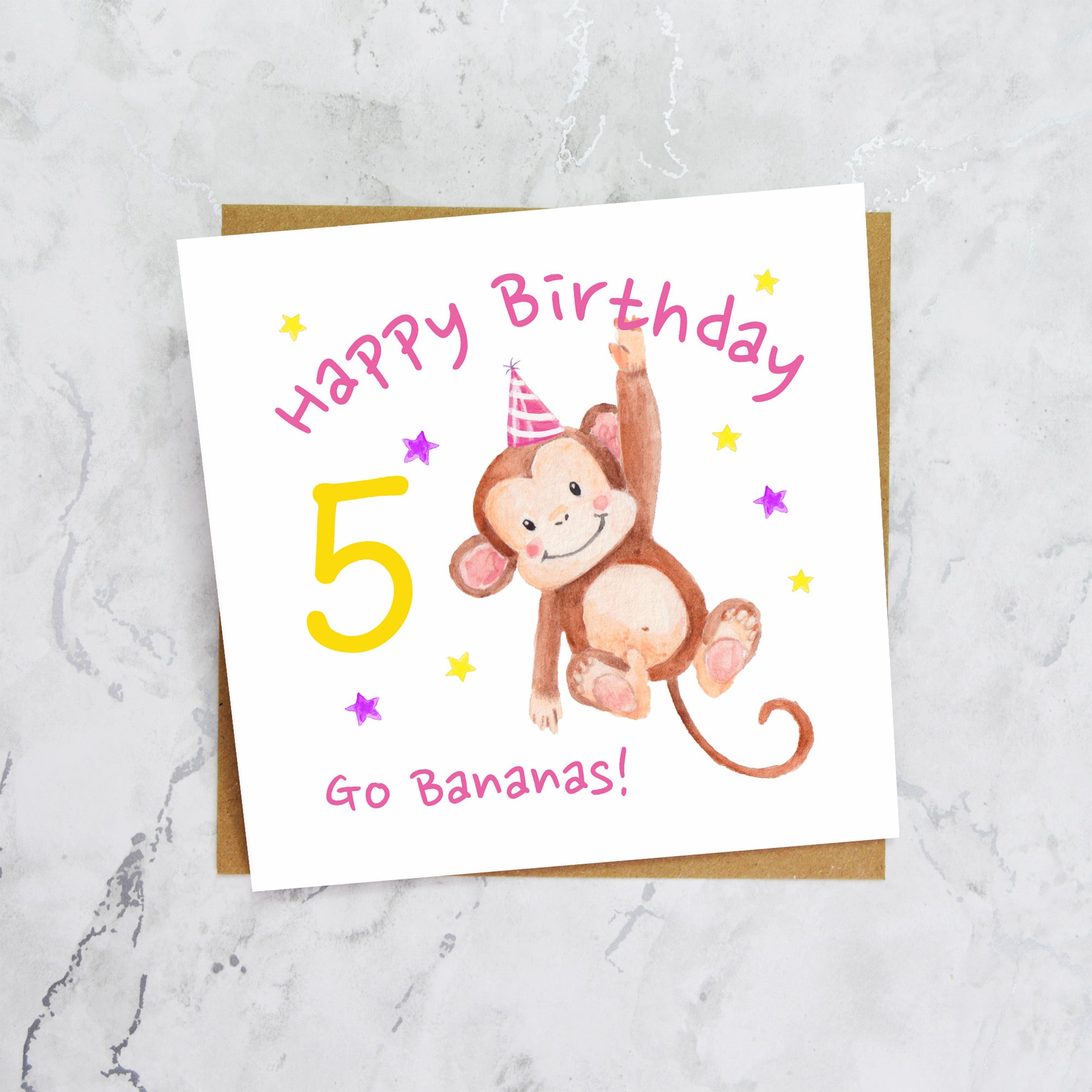 Personalised Monkey 5th Birthday Card For Girl, Children's Kids Age Birthday Card (S00092) - Blank Inside - Sent To You (S00092)