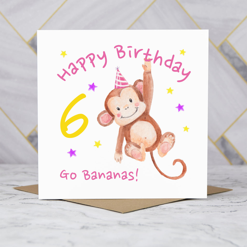 Personalised Monkey 6th Birthday Card For Girl, Children's Kids Age Birthday Card (S00093) - Blank Inside - Sent To You (S00093)