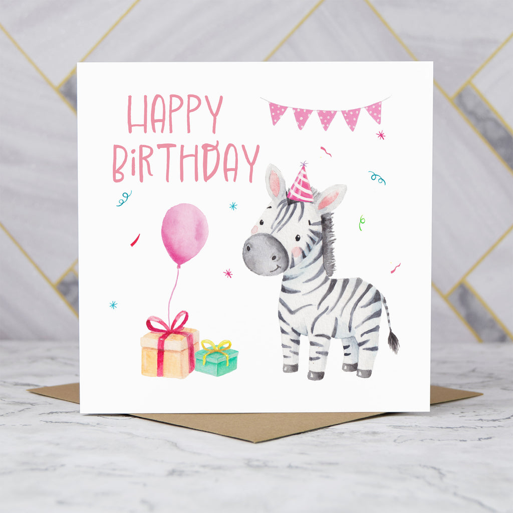 Personalised Zebra Birthday Card For Kids, Watercolour Safari Animal Girls Happy Birthday Card (S00100) - Blank Inside - Sent To You (S00100)