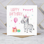 Personalised Zebra Birthday Card For Kids, Watercolour Safari Animal Girls Happy Birthday Card (S00100) - Blank Inside - Sent To You (S00100)