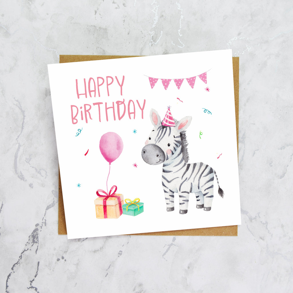 Personalised Zebra Birthday Card For Kids, Watercolour Safari Animal Girls Happy Birthday Card (S00100) - Blank Inside - Sent To You (S00100)