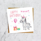 Personalised Zebra Birthday Card For Kids, Watercolour Safari Animal Girls Happy Birthday Card (S00100) - Blank Inside - Sent To You (S00100)