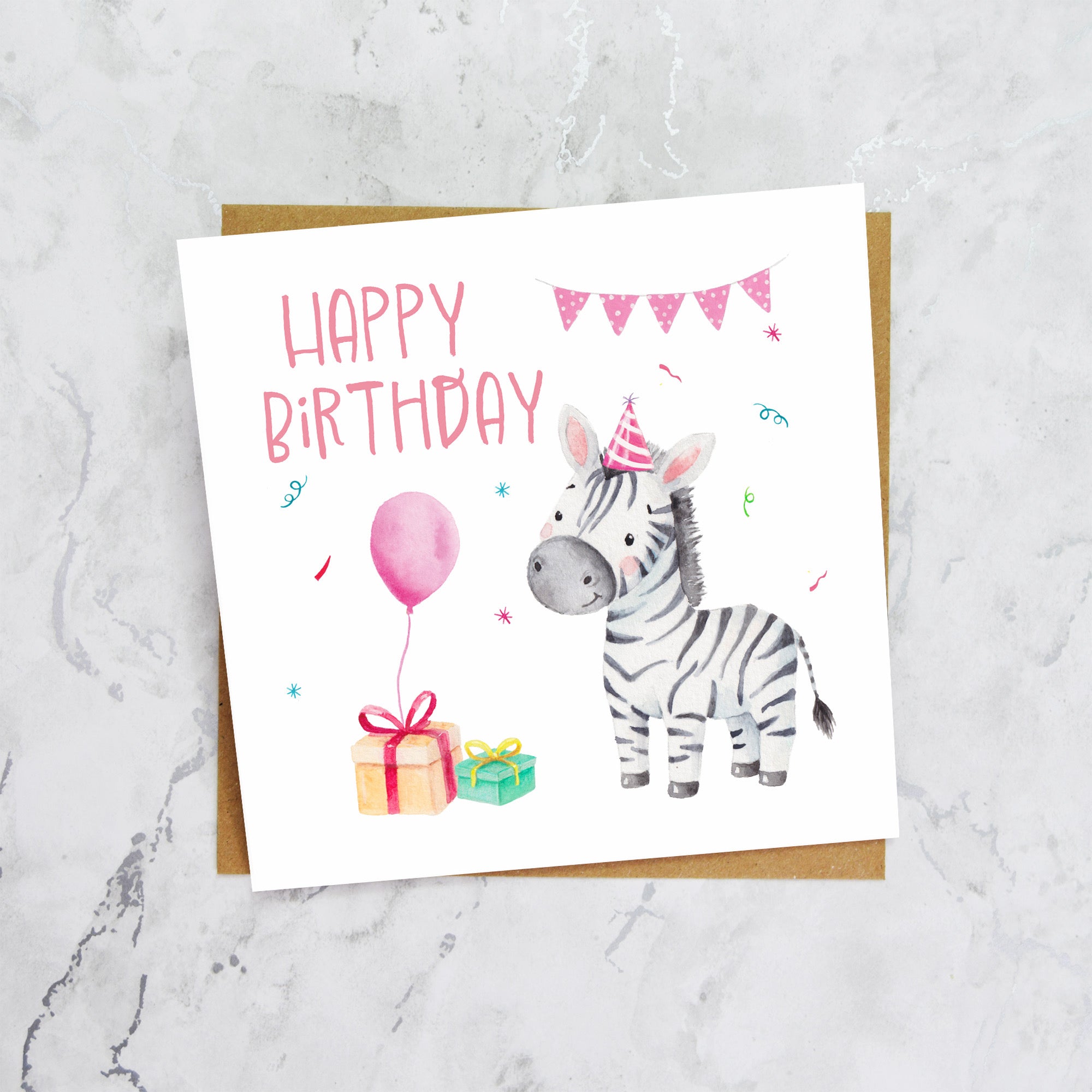 Personalised Zebra Birthday Card For Kids, Watercolour Safari Animal Girls Happy Birthday Card (S00100) - Blank Inside - Sent To You (S00100)