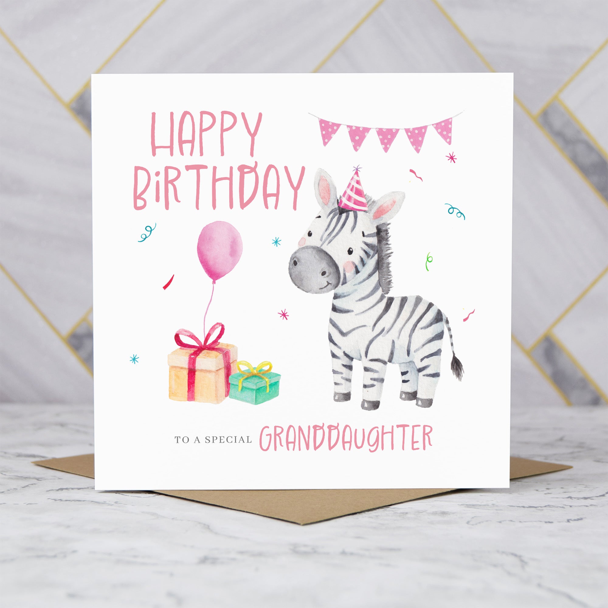 Personalised Zebra Granddaughter Birthday Card, Watercolour Safari Animal Happy Birthday Card For Special Granddaughter (S00105) - Blank Inside - Sent To You (S00105)
