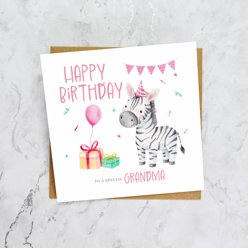 Personalised Zebra Grandma Birthday Card, Watercolour Safari Animal Happy Birthday Card For Special Grandma (S00106) - Blank Inside - Sent To You (S00106)