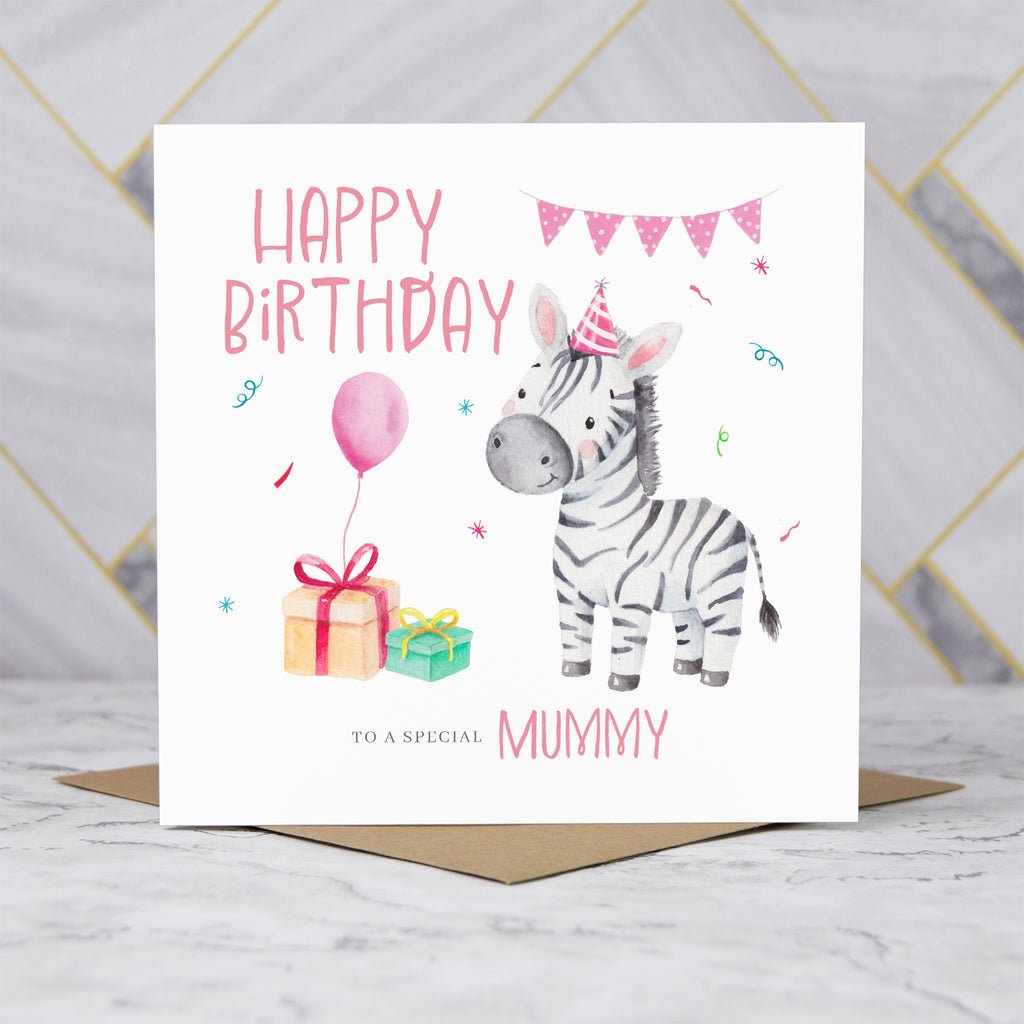 Personalised Zebra Mummy Birthday Card, Watercolour Safari Animal Happy Birthday Card For Special Mummy (S00108) - Blank Inside - Sent To You (S00108)
