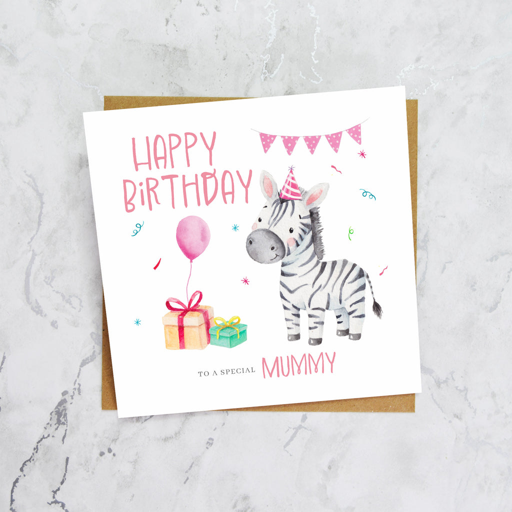 Personalised Zebra Mummy Birthday Card, Watercolour Safari Animal Happy Birthday Card For Special Mummy (S00108) - Blank Inside - Sent To You (S00108)