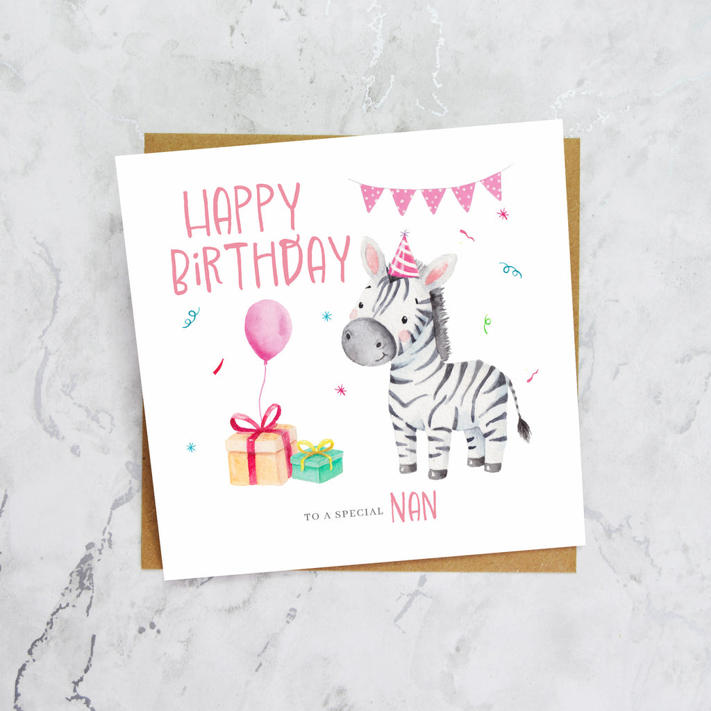 Personalised Zebra Nan Birthday Card, Watercolour Safari Animal Happy Birthday Card For Special Nan (S00109) - Blank Inside - Sent To You (S00109)