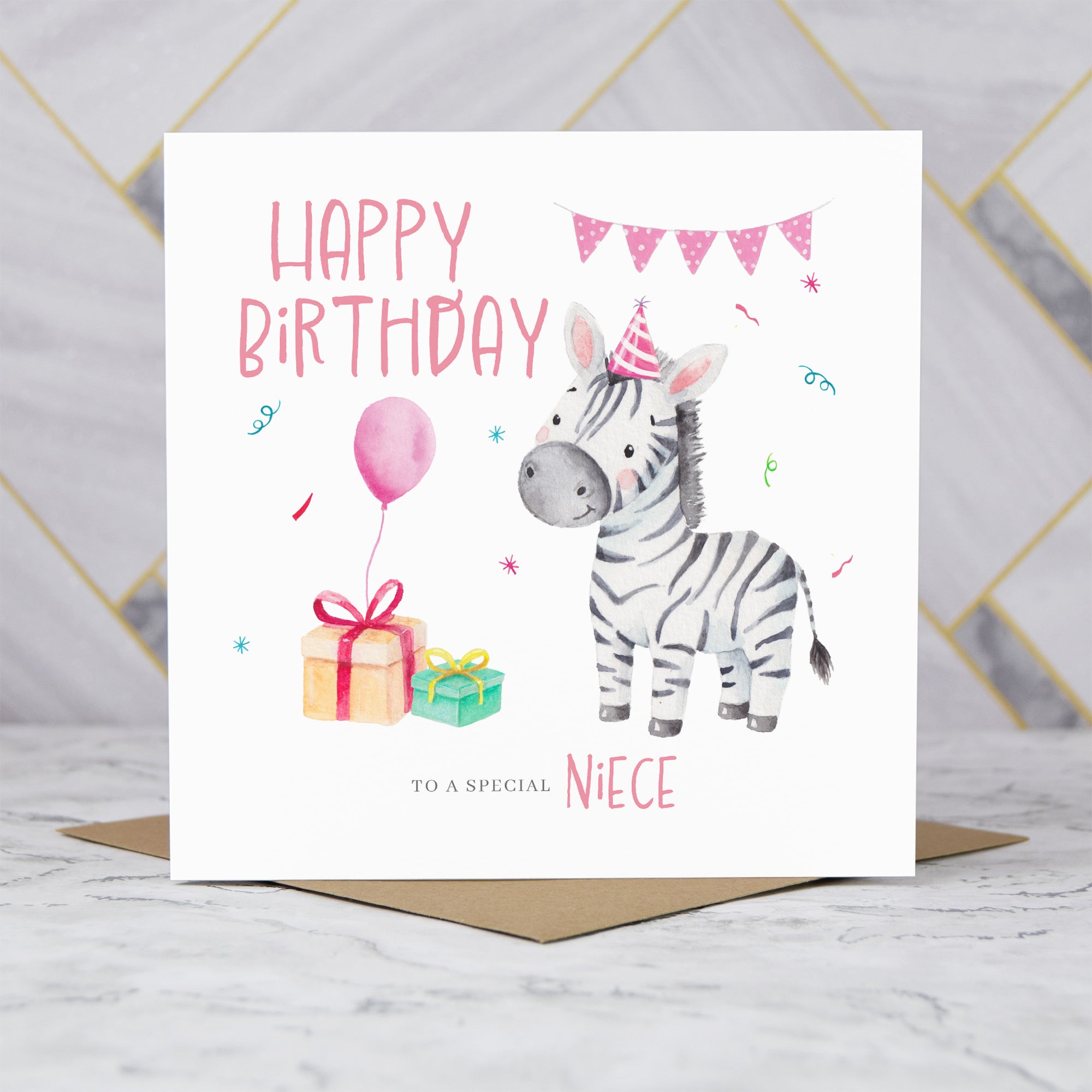 Personalised Zebra Niece Birthday Card, Watercolour Safari Animal Happy Birthday Card For Special Niece (S00110) - Blank Inside - Sent To You (S00110)