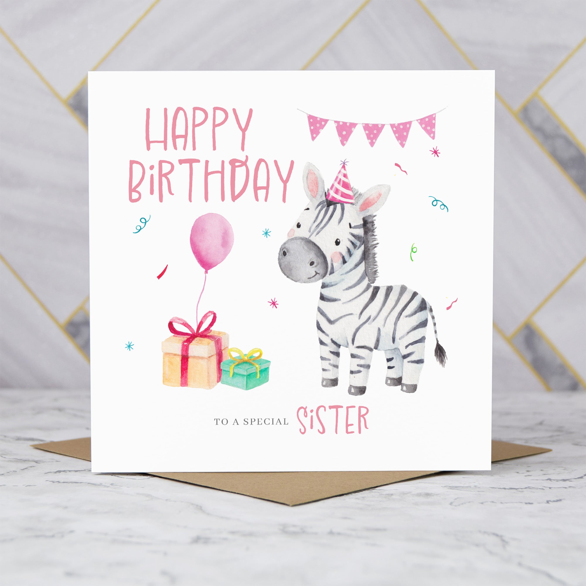 Personalised Zebra Sister Birthday Card, Watercolour Safari Animal Happy Birthday Card For Special Sister (S00111) - Blank Inside - Sent To You (S00111)