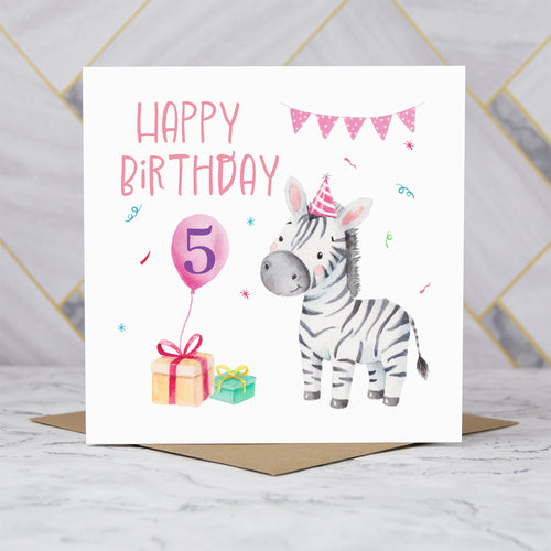 5th Birthday Zebra Card, Personalised Watercolour Safari Animal Fifth Birthday Card For Kids, Girl Age 5 (S00116) - Blank Inside - Sent To You (S00116)