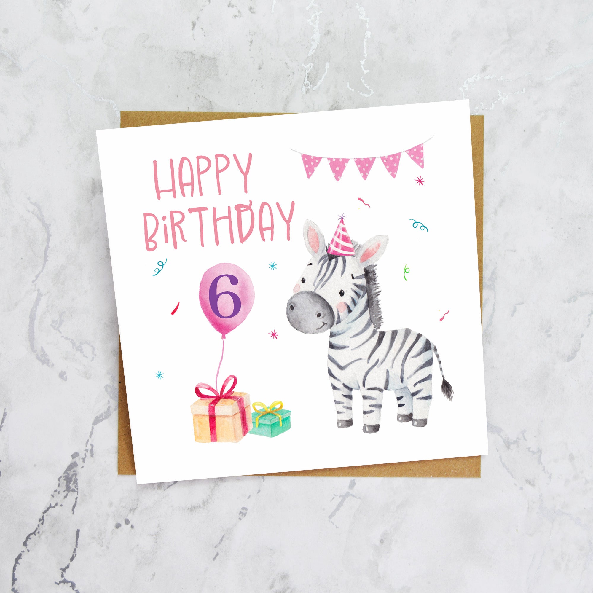 6th Birthday Zebra Card, Personalised Watercolour Safari Animal Sixth Birthday Card For Kids, Girl Age 6 (S00117) - Blank Inside - Sent To You (S00117)