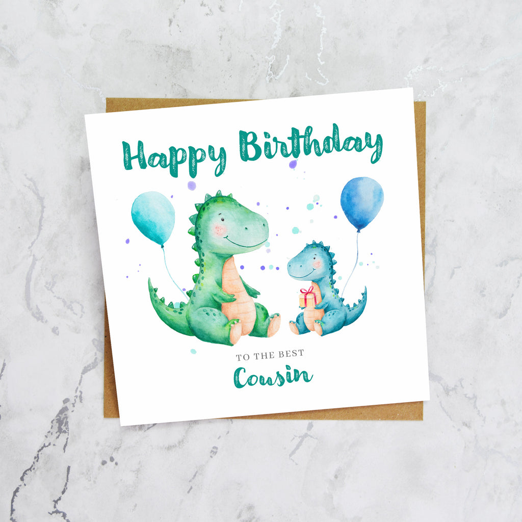 Cousin Dinosaur Birthday Card, Personalised Watercolour Dino Boy Birthday Card (S00124) - Blank Inside - Sent To You (S00124)