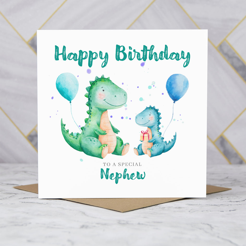 Nephew Dinosaur Birthday Card, Personalised Watercolour Dino Boy Birthday Card (S00129) - Blank Inside - Sent To You (S00129)
