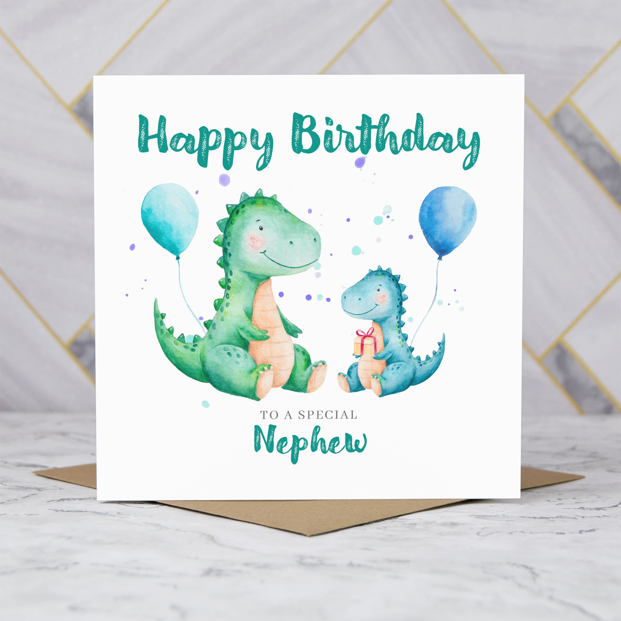 Nephew Dinosaur Birthday Card, Personalised Watercolour Dino Boy Birthday Card (S00129) - Blank Inside - Sent To You (S00129)