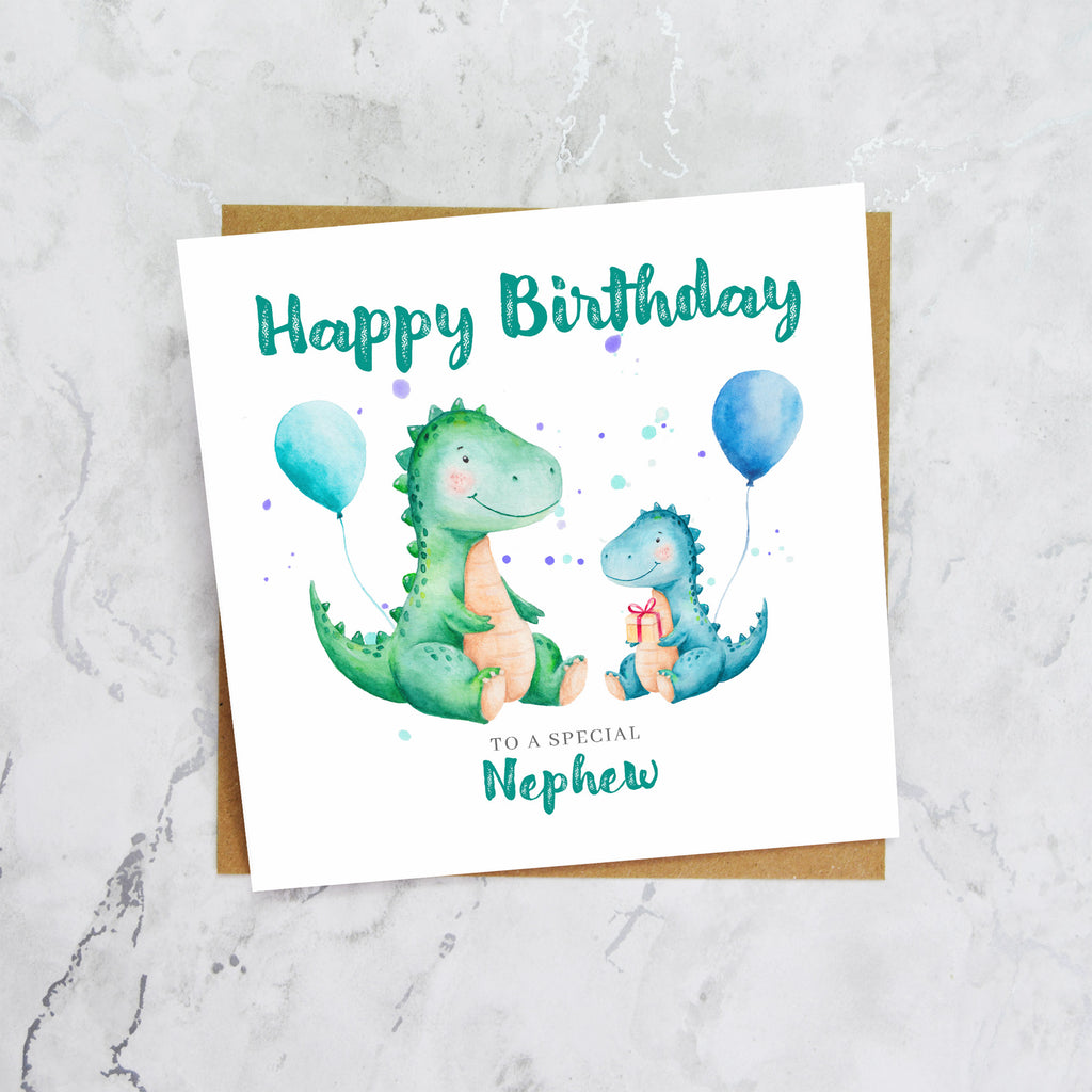 Nephew Dinosaur Birthday Card, Personalised Watercolour Dino Boy Birthday Card (S00129) - Blank Inside - Sent To You (S00129)