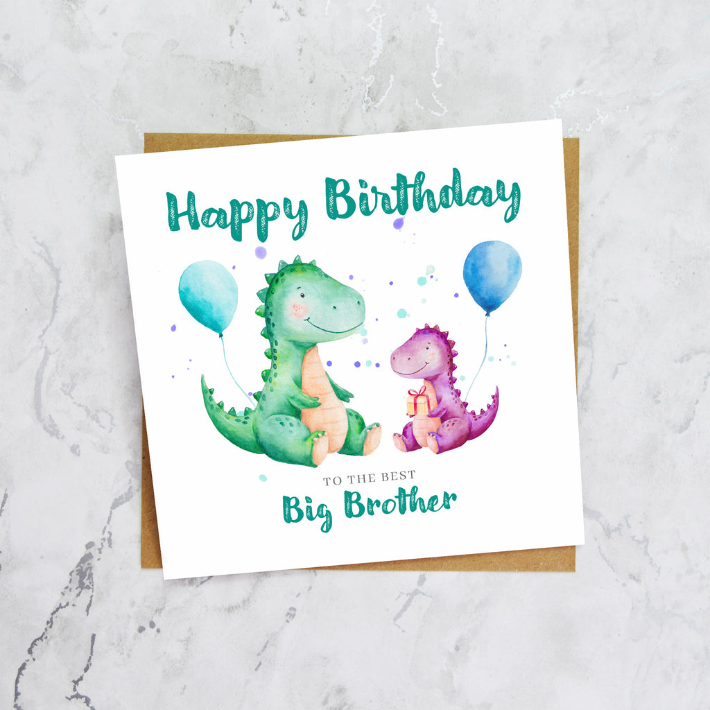 Big Brother Dinosaur Birthday Card, Personalised Watercolour Dino Birthday Card For Brother From Sister (S00132) - Blank Inside - Sent To You (S00132)