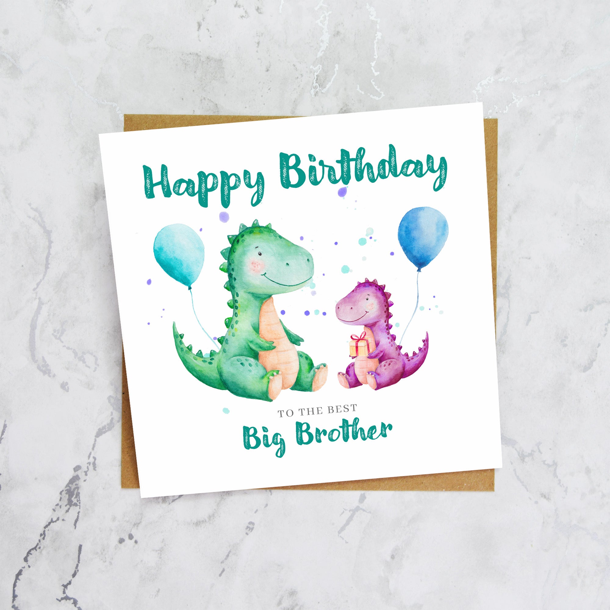 Big Brother Dinosaur Birthday Card, Personalised Watercolour Dino Birthday Card For Brother From Sister (S00132) - Blank Inside - Sent To You (S00132)