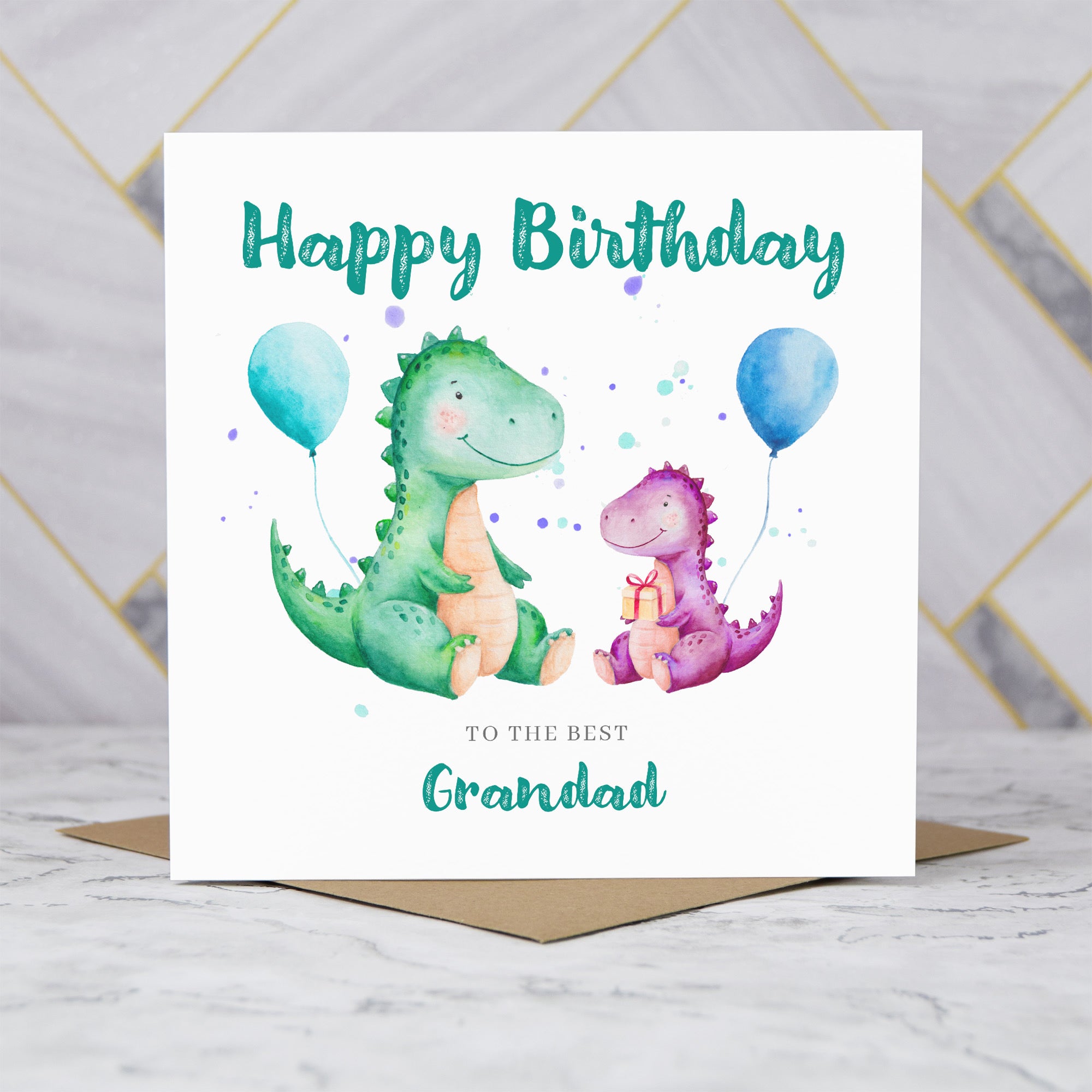 Grandad Dinosaur Birthday Card, Personalised Watercolour Dino Birthday Card From Girl (S00134) - Blank Inside - Sent To You (S00134)