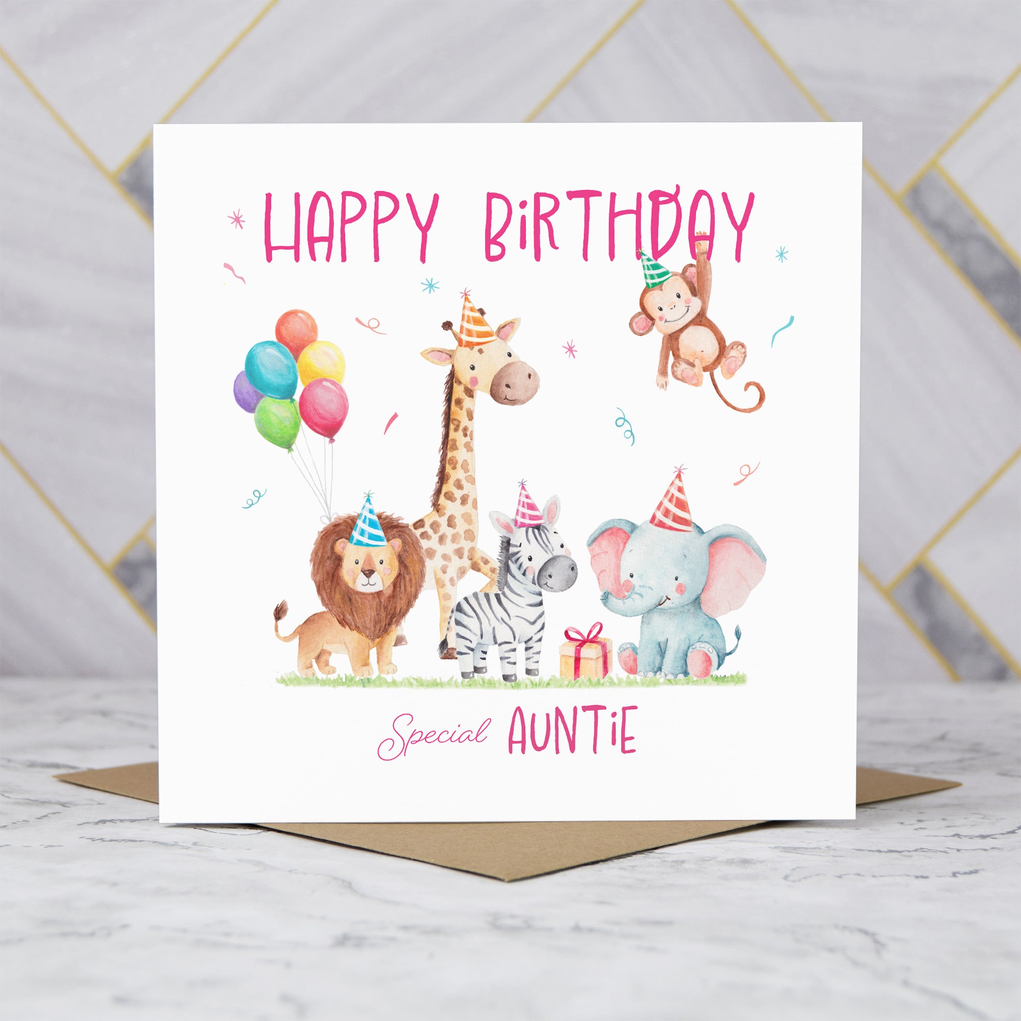 Auntie Birthday Card, Safari Animal Birthday Card For Girls, Cute Jungle Animals Card, Special Auntie (S00181) - Blank Inside - Sent To You (S00181)