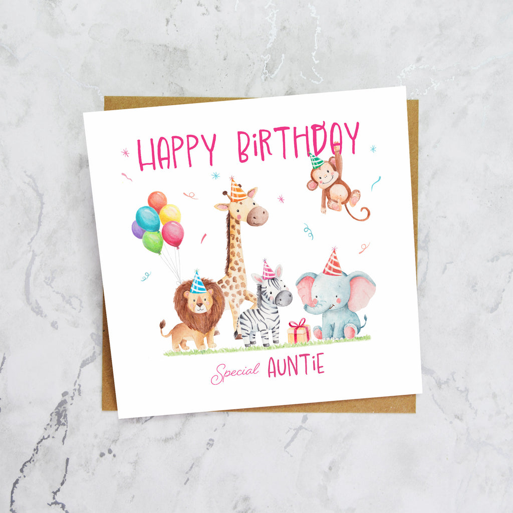 Auntie Birthday Card, Safari Animal Birthday Card For Girls, Cute Jungle Animals Card, Special Auntie (S00181) - Blank Inside - Sent To You (S00181)