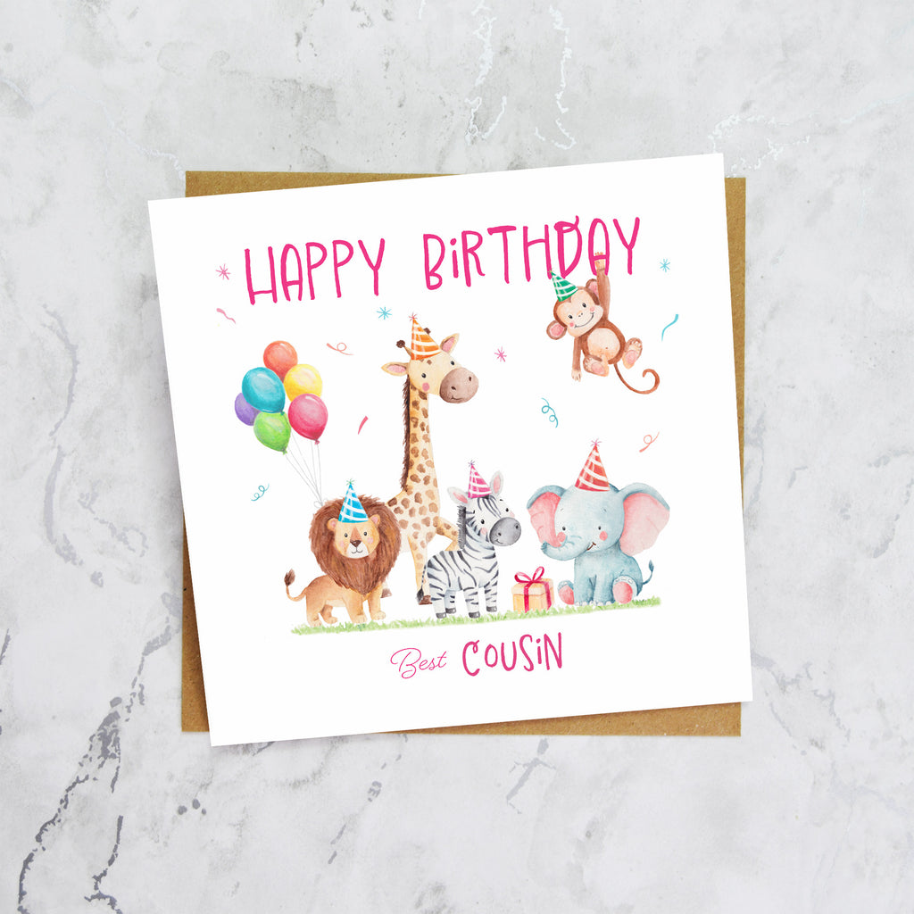 Cousin Birthday Card, Safari Animal Birthday Card For Girls, Cute Jungle Animals Card, Special Cousin (S00189) - Blank Inside - Sent To You (S00189)