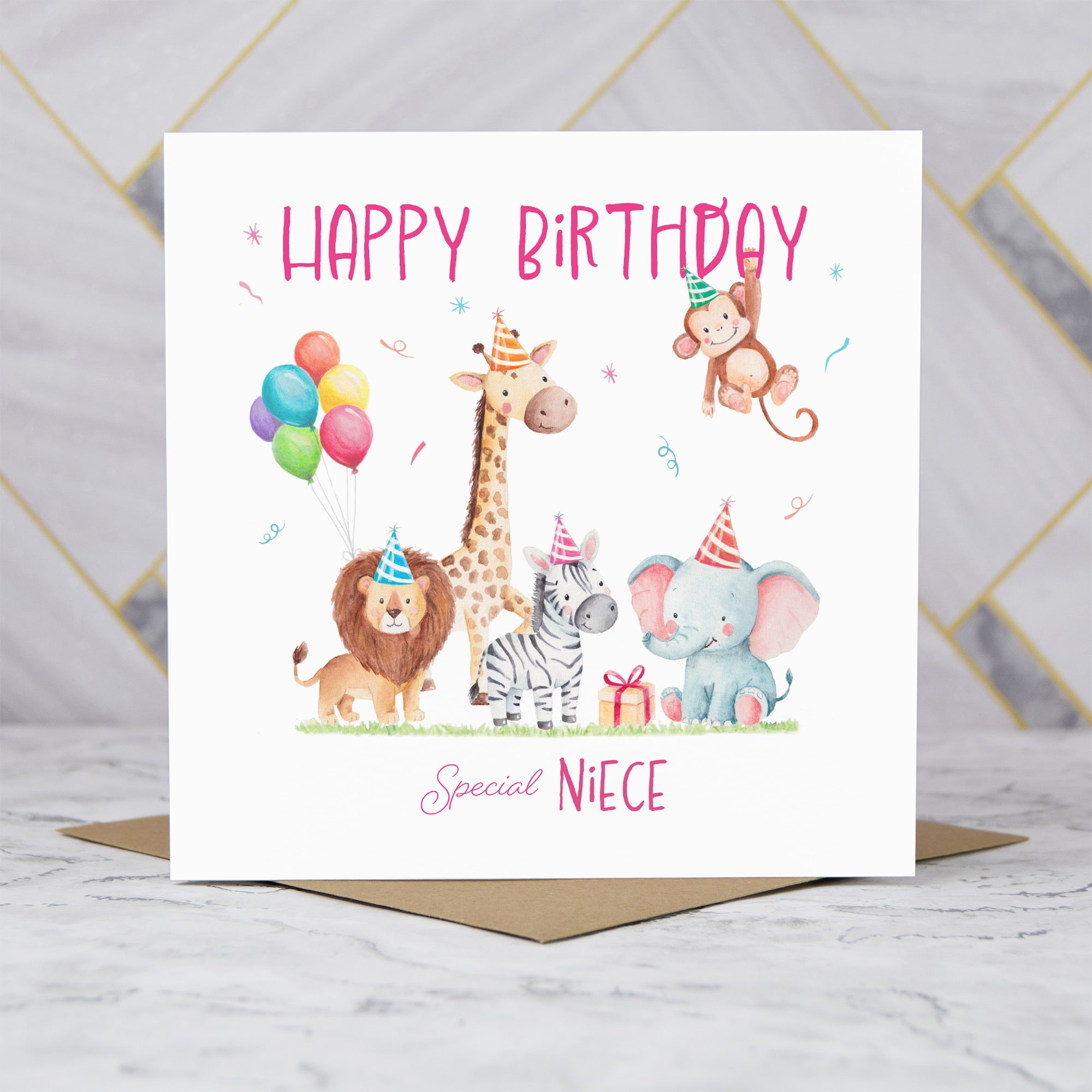 Niece Birthday Card, Safari Animal Birthday Card For Girls, Cute Jungle Animals Card, Special Niece (S00190) - Blank Inside - Sent To You (S00190)
