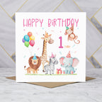 1st Birthday Card For Girl, Safari Animal Birthday Card Age 1, Jungle Animals First Birthday Card For Girls (S00199) - Blank Inside - Sent To You (S00199)