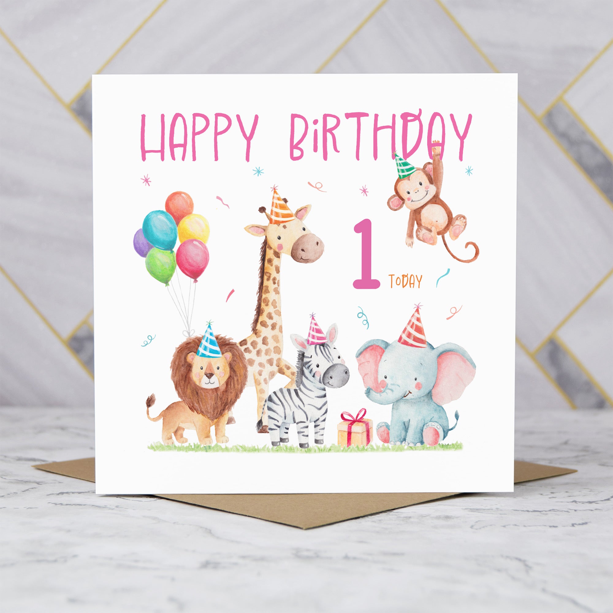 1st Birthday Card For Girl, Safari Animal Birthday Card Age 1, Jungle Animals First Birthday Card For Girls (S00199) - Blank Inside - Sent To You (S00199)