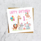 1st Birthday Card For Girl, Safari Animal Birthday Card Age 1, Jungle Animals First Birthday Card For Girls (S00199) - Blank Inside - Sent To You (S00199)