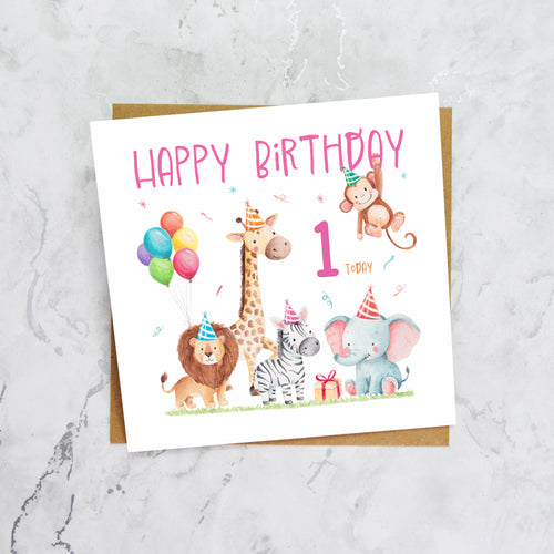 1st Birthday Card For Girl, Safari Animal Birthday Card Age 1, Jungle Animals First Birthday Card For Girls (S00199) - Blank Inside - Sent To You (S00199)