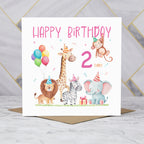 2nd Birthday Card For Girl, Safari Animal Birthday Card Age 2, Jungle Animals Second Birthday Card For Girls (S00200) - Blank Inside - Sent To You (S00200)