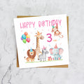 3rd Birthday Card For Girl, Safari Animal Birthday Card Age 3, Jungle Animals Third Birthday Card For Girls (S00201) - Blank Inside - Sent To You (S00201)
