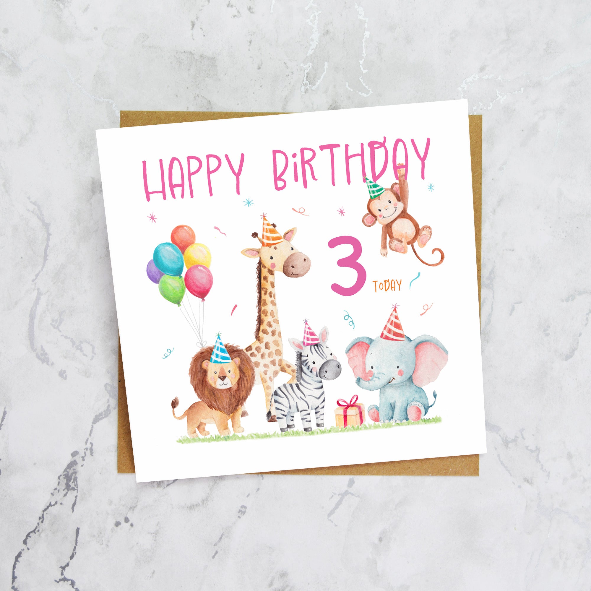 3rd Birthday Card For Girl, Safari Animal Birthday Card Age 3, Jungle Animals Third Birthday Card For Girls (S00201) - Blank Inside - Sent To You (S00201)